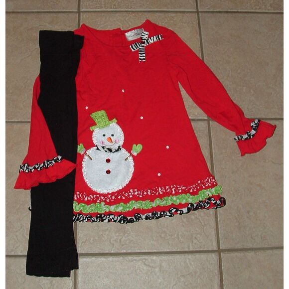 Girls Sz 6 Snowman Red Tunic Shirt & Black Leggings 2 Pc Outfit RARE EDITIONS - Picture 1 of 4